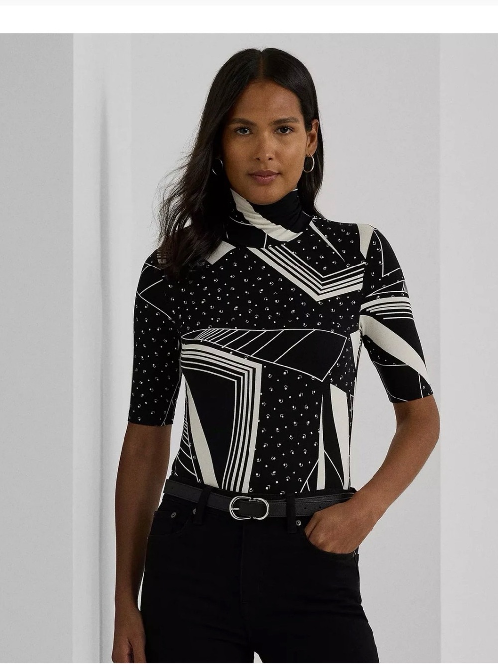 Ralph Lauren Black & White Geometric Short-Sleeve Turtleneck Tee
